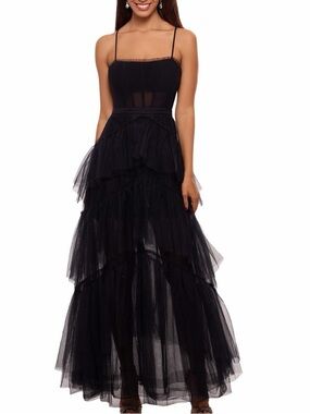 Black Mesh Corset Ruffle Maxi Dress Gown